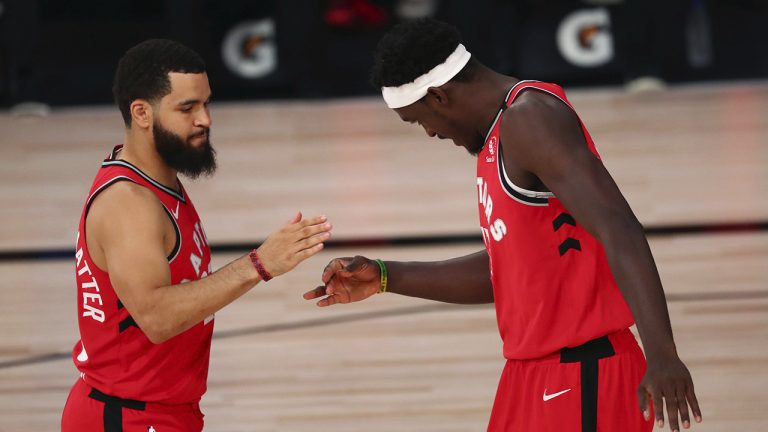 Toronto Raptors guard Fred VanVleet (23) and forward Pascal Siakam (43). (Kim Klement/Pool Photo via AP)