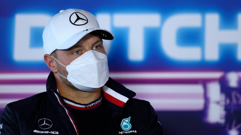 Mercedes driver Valtteri Bottas of Finland attends a press conference ahead of Sunday's Formula One Dutch Grand Prix at the Zandvoort racetrack, Netherlands, Thursday, Sept. 2, 2021. (Kenzo Tribouillard, Pool via AP) 
