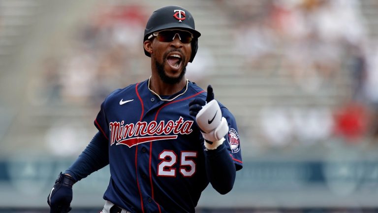 Minnesota Twins' Byron Buxton reacts while rounding the bases after hitting a home run against the New York Yankees during the third inning of a baseball game on Monday, Sept. 13, 2021, in New York. (Adam Hunger/AP) 