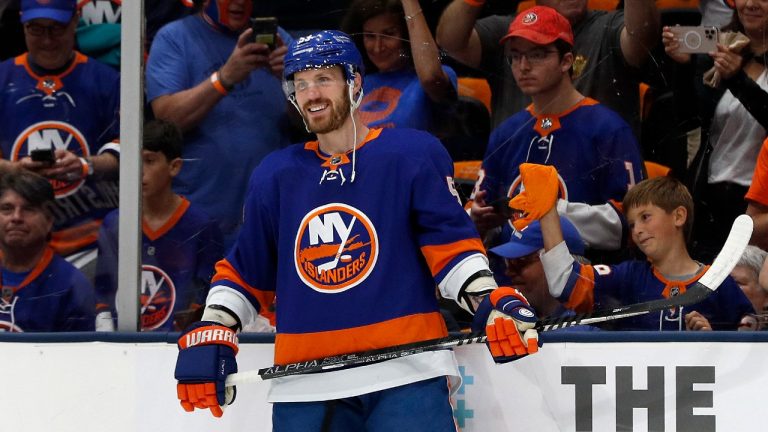 New York Islanders centre Casey Cizikas smiles as he warms up on the ice before Game 4 of the team's NHL hockey Stanley Cup semifinals against the Tampa Bay Lightning, Saturday, June 19, 2021, in Uniondale, N.Y. (Jim McIsaac/AP)