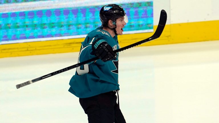 San Jose Sharks center Ryan Donato celebrates after scoring against the Los Angeles Kings during the third period of an NHL hockey game in San Jose, Calif., Monday, March 22, 2021. (Jeff Chiu/AP)