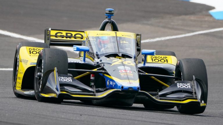 Colton Herta heads into the second turn during the IndyCar auto race at Indianapolis Motor Speedway in Indianapolis, Saturday, Aug. 14, 2021. (Michael Conroy/AP)