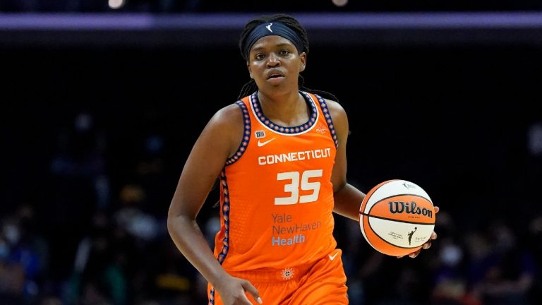 Connecticut Sun forward Jonquel Jones (35) controls the ball during the first half of a WNBA basketball game against the Los Angeles Sparks in Los Angeles, in this Thursday, Sept. 9, 2021, file photo. (Ashley Landis/AP)