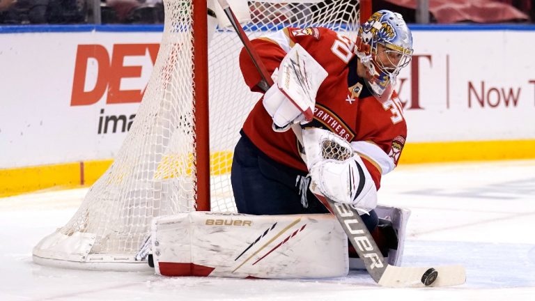 In this Monday, May 24, 2021, file photo, Florida Panthers goaltender Spencer Knight (30) stops a shot on the goal during the first period in Game 5 of an NHL hockey Stanley Cup first-round playoff series against the Tampa Bay Lightning, in Sunrise, Fla. Knight was a rising star for the Panthers last season and is preparing for his first full season at the NHL level. (Lynne Sladky/AP)