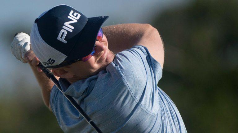 Jim Knous of Colorado tees off the 1st hole during the final round of the Puerto Rico Open PGA golf tournament in Rio Grande, Puerto Rico, Sunday, Feb. 24, 2019. (Carlos Giusti/AP)