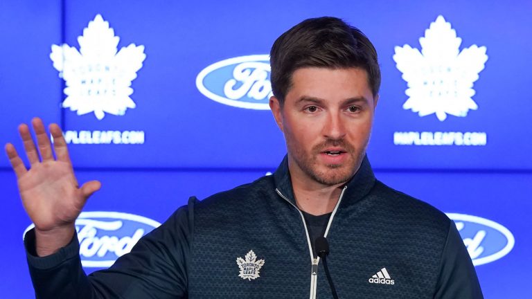 Toronto Maple Leafs General Manager Kyle Dubas speaks to the media as their NHL training camp starts. (Nathan Denette/CP)