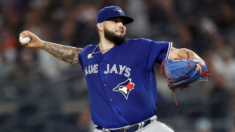 Toronto Blue Jays pitcher Alek Manoah throws to a New York Yankees batter during the second inning of a baseball game Wednesday, Sept. 8, 2021, in New York. (Adam Hunger/AP)