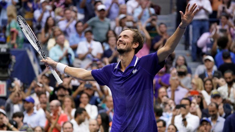 Daniil Medvedev, of Russia, reacts after defeating Novak Djokovic, of Serbia, during the men's singles final of the US Open tennis championships, Sunday, Sept. 12, 2021, in New York. (John Minchillo/AP) 
