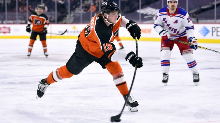 Philadelphia Flyers' Nolan Patrick takes a shot on goal during the third period of an NHL hockey game against the New York Rangers, Saturday, March 27, 2021, in Philadelphia. (Derik Hamilton/AP)