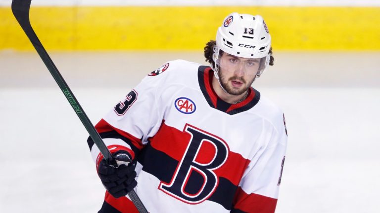 American Hockey League profile photo on Belleville Senators player Egor Sokolov, from Russia, during a game against the Stockton Heat in Calgary on April 15, 2021. (Larry MacDougal/CP)