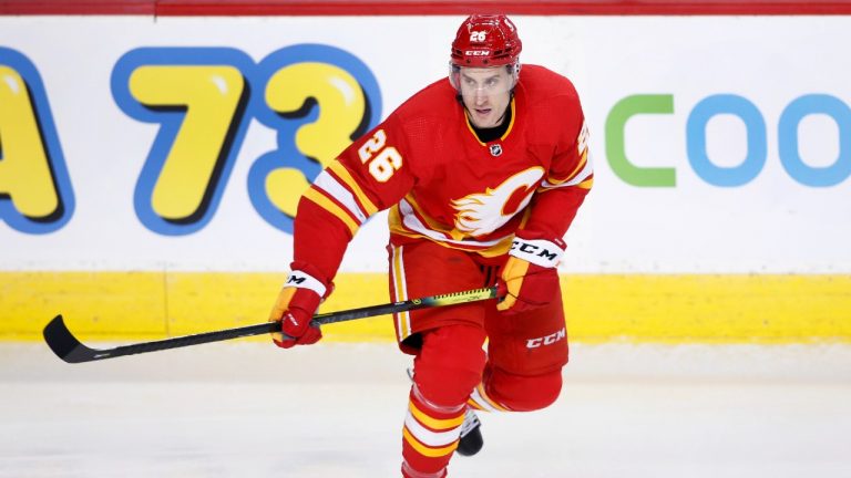 NHL profile photo on Calgary Flames player Michael Stone at a game against the Winnipeg Jets in Calgary, Alta. on March 27, 2021. (Larry MacDougal /CP)