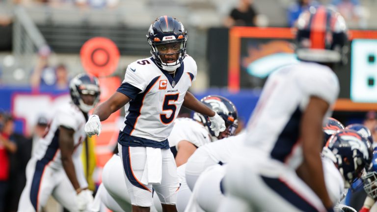 Denver Broncos quarterback Teddy Bridgewater (5) calls to teammates during the second half of an NFL football game against the New York Giants, Sunday, Sept. 12, 2021, in East Rutherford, N.J. (Adam Hunger/AP) 
