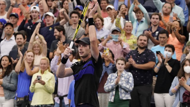 Botic Van de Zandschulp, of the Netherlands, reacts after defeating Diego Schwartzman, of Argentina, during the fourth round of the US Open tennis championships. (John Minchillo/AP)