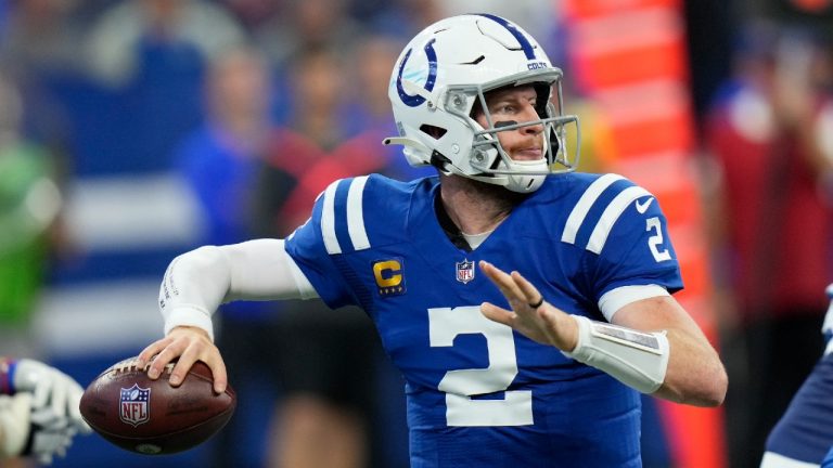 Indianapolis Colts quarterback Carson Wentz (2) throws during the first half of an NFL football game against the Los Angeles Rams, Sunday, Sept. 19, 2021, in Indianapolis. (AJ Mast/AP)