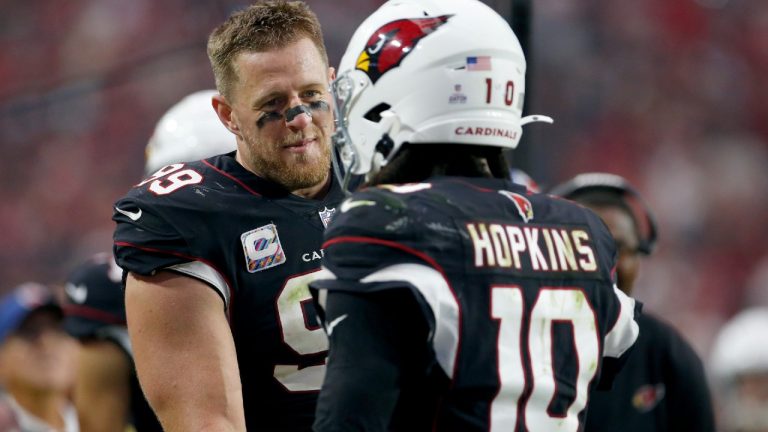 Arizona Cardinals wide receiver DeAndre Hopkins (10) celebrates his touchdown with defensive end J.J. Watt (99) during the second half of an NFL football game against the San Francisco 49ers, Sunday, Oct. 10, 2021, in Glendale, Ariz (Ralph Freso/AP).