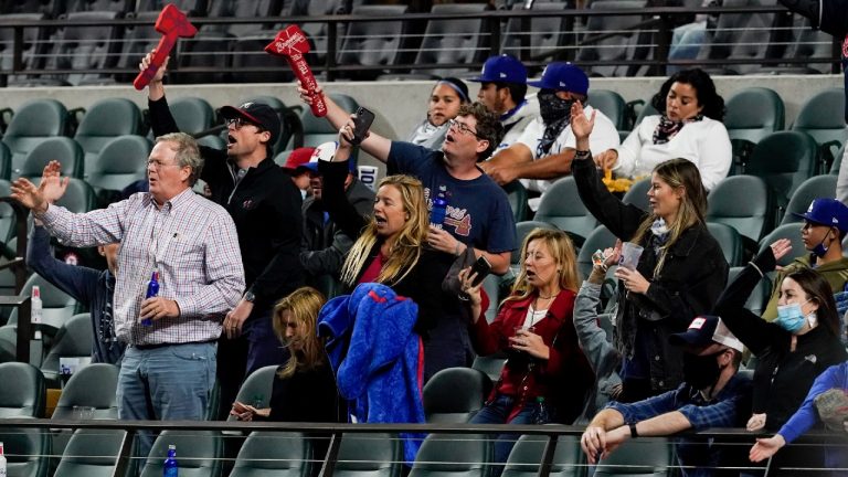 Atlanta Braves fans cheer during the sixth inning in Game 4 of the 2020 NLCS against the Los Angeles Dodgers. (Tony Gutierrez/AP)