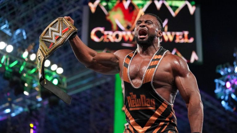 Professional wrestler Big E, pictured after retaining the WWE Championship at the Crown Jewel event. (Photo courtesy: WWE)