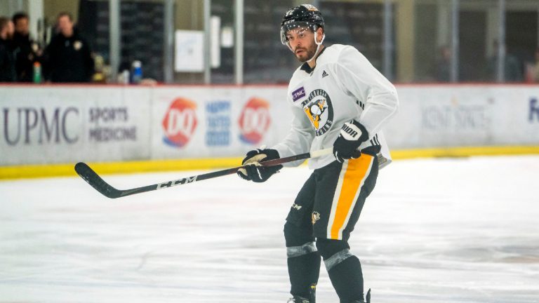 Pittsburgh Penguins' Mark Friedman attends an NHL hockey practice Thursday, Sept. 23, 2021, in Cranberry Township, Pa. (Andrew Rush/Pittsburgh Post-Gazette via AP) 