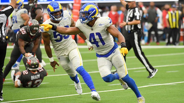 Los Angeles Rams inside linebacker Kenny Young (41) celebrates after sacking Tampa Bay Buccaneers quarterback Tom Brady during the second half of an NFL football game Sunday, Sept. 26, 2021. (Kevork Djansezian/AP)