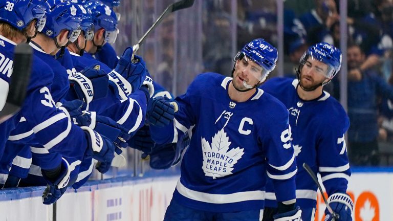 Toronto Maple Leafs forward John Tavares (91) celebrates his goal against the Ottawa Senators during second period NHL pre-season hockey action in Toronto on Saturday, October 9, 2021. (Evan Buhler/CP)