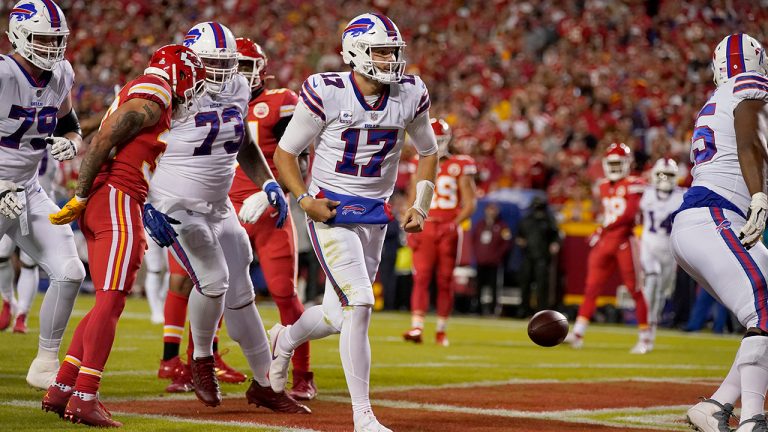 Buffalo Bills quarterback Josh Allen (17) celebrates after scoring during the first half of an NFL football game against the Kansas City Chiefs Sunday, Oct. 10, 2021, in Kansas City, Mo. (Charlie Riedel/AP)