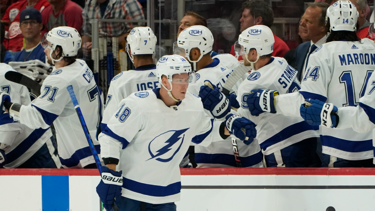 Tampa Bay Lightning left wing Ondrej Palat (18) celebrates scoring against the Detroit Red Wings in the second period of an NHL hockey game Thursday, Oct. 14, 2021, in Detroit. (Paul Sancya/AP)