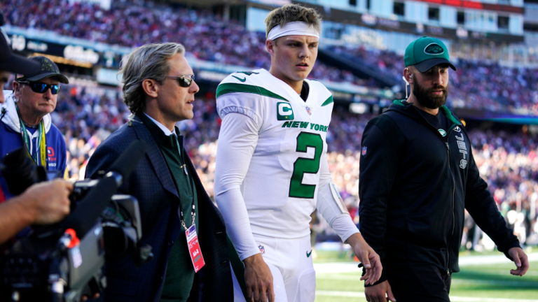 New York Jets quarterback Zach Wilson left early in the second quarter with what is believed to be an injured posterior cruciate ligament. (AP)