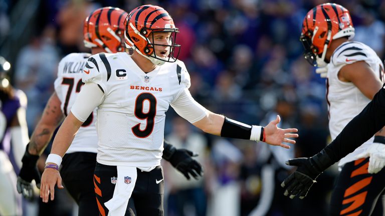 Cincinnati Bengals quarterback Joe Burrow reacts after running back Joe Mixon scored on a touchdown run against the Baltimore Ravens during the second half of an NFL football game, Sunday, Oct. 24, 2021, in Baltimore. (Gail Burton/AP)