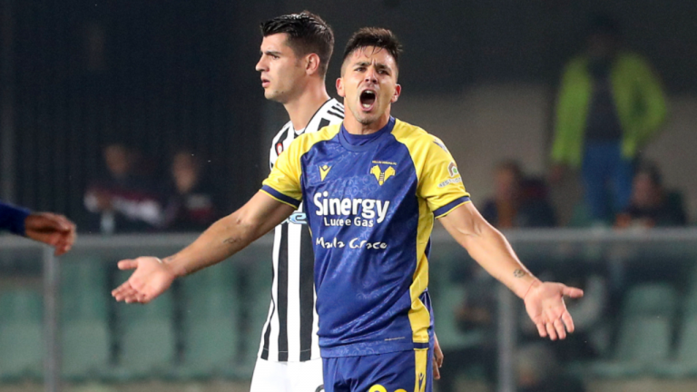 Giovanni Simeone celebrates after scoring during the Serie A soccer match between Hellas Verona and Juventus on Saturday. (AP)