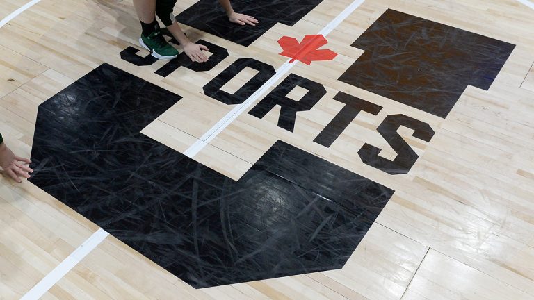 The U Sports logo is shown ahead of the final basketball game of the U Sports Final 8 Championships, in Ottawa, on Sunday, March 8, 2020. (Justin Tang/CP)