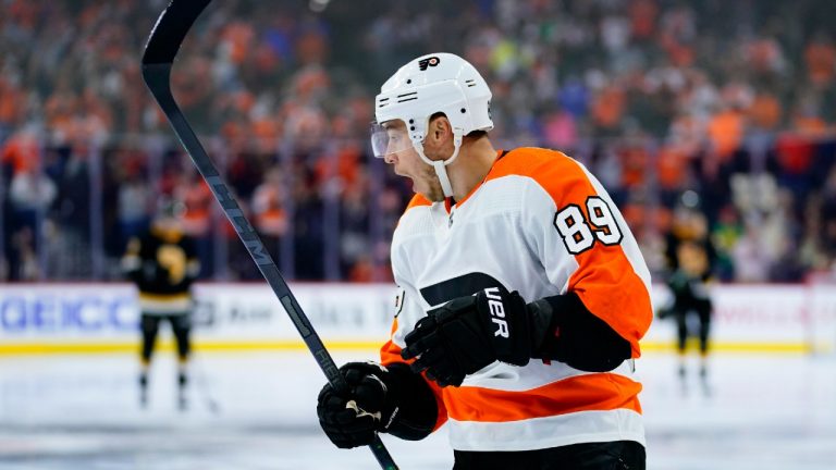 Philadelphia Flyers' Cam Atkinson react after scoring a goal during the third period of an NHL hockey game against the Boston Bruins, Wednesday, Oct. 20, 2021, in Philadelphia (Matt Slocum/AP).