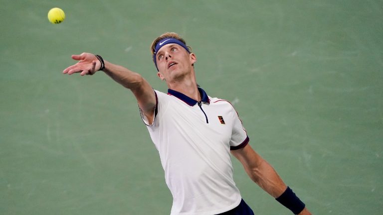 Denis Shapovalov, of Canada, serves to Lloyd Harris, of South Africa, during the third round of the US Open tennis championships, Saturday, Sept. 4, 2021, in New York (John Minchello/AP).