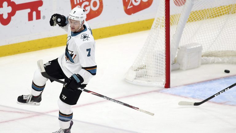 San Jose Sharks forward Dylan Gambrell celebrates his goal during the first period of the team's NHL hockey game against the Buffalo Sabres. (Jeffrey T. Barnes/AP)