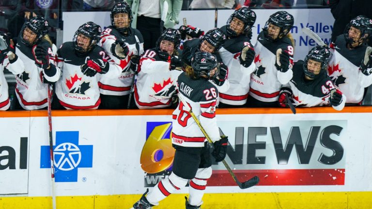 Canada's Emily Clark celebrates her goal with teammates during the third period of a women's hockey game against the United States, Friday, Oct. 22, 2021, in Allentown, Pa. (Chris Szagola/AP)