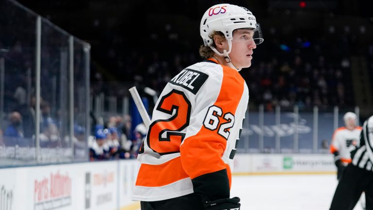 Philadelphia Flyers' Nicolas Aube-Kubel (62) reacts after scoring a goal during the first period of an NHL hockey game against the New York Islanders. (Frank Franklin II/AP) 