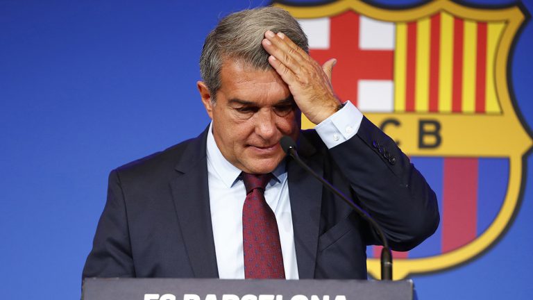 FC Barcelona club President Joan Laporta begins a news conference in Barcelona. (Joan Monfort/AP)