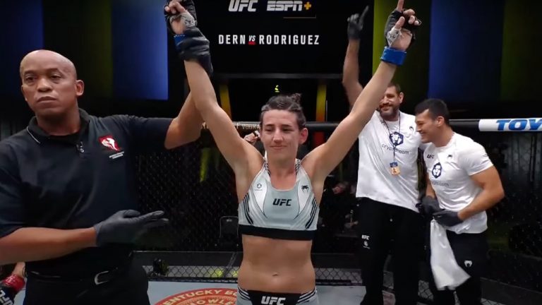 Marina Rodriguez reacts to winning a five-round unanimous decision over fellow UFC strawweight contender Mackenzie Dern. (YouTube/UFC)