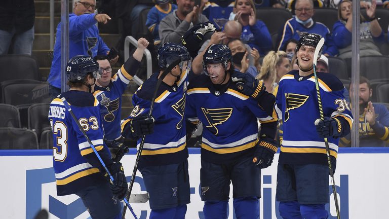 St. Louis Blues' James Neal (81) is congratulated after scoring a goal against the Minnesota Wild during the second period of a preseason NHL hockey game Saturday, Sept. 25, 2021, in St. Louis. (Joe Puetz/AP)