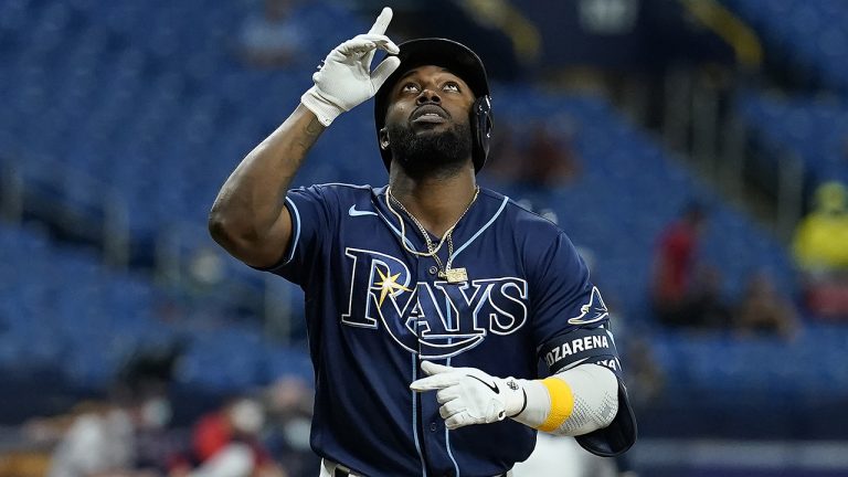 Tampa Bay Rays' Randy Arozarena reacts after his solo home run off Boston Red Sox pitcher Brad Peacock during the second inning of a baseball game Tuesday, Aug. 31, 2021, in St. Petersburg, Fla. (AP Photo/Chris O'Meara)