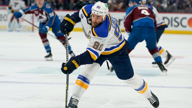 St. Louis Blues center Ryan O'Reilly shoots the puck at the net in the first period of Game 1 of an NHL hockey Stanley Cup first-round playoff series against the Colorado Avalanche, Monday, May 17, 2021, in Denver. (David Zalubowski/AP)