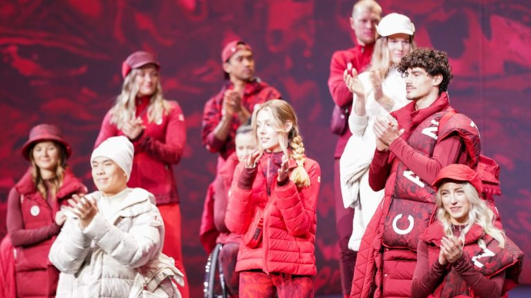 Canadian Olympians and Paralympians gather on stage at the Team Canada x Lululemon Athlete Kit Reveal in Toronto on Tuesday, October 26, 2021. Lululemon will outfit Canada's Olympic and Paralympic athletes starting with the upcoming Winter Games in Beijing (Evan Buhler/CP).