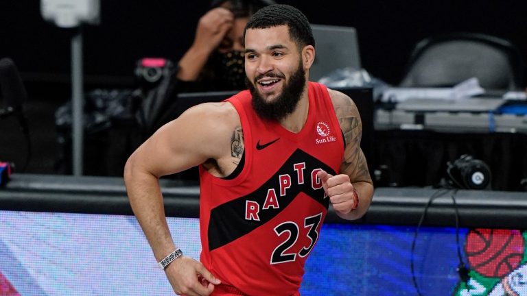 Toronto Raptors' Fred VanVleet (23) celebrates after making a three-point basket during the second half of an NBA basketball game against the Brooklyn Nets Friday, Feb. 5, 2021, in New York. (Frank Franklin II/AP)