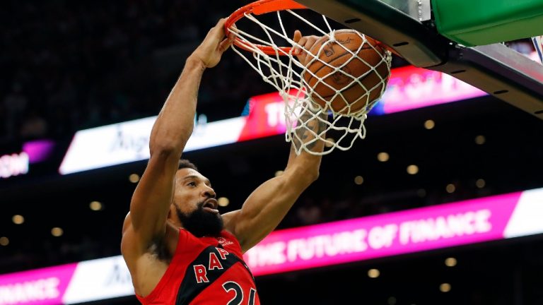 Toronto Raptors' Khem Birch dunks during the second half of an NBA basketball game. (Michael Dwyer/AP)