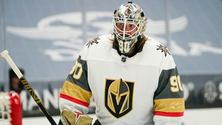 In this Friday, April 16, 2021, file photo, Vegas Golden Knights goaltender Robin Lehner (90) skates during an NHL hockey game against the Anaheim Ducks in Anaheim, Calif. Vegas (Ashley Landis/AP)