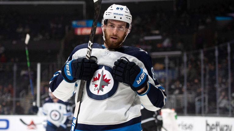 Winnipeg Jets centre Pierre-Luc Dubois reacts after scoring a goal. (Kyusung Gong/AP)