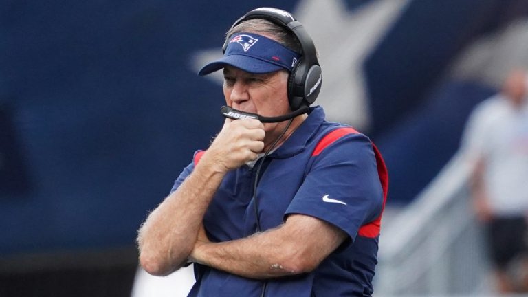 New England Patriots head coach Bill Belichick looks on during an NFL football game against the New Orleans Saints, Sunday, Sept. 26, 2021, in Foxborough, Mass. (Mary Schwalm/AP).