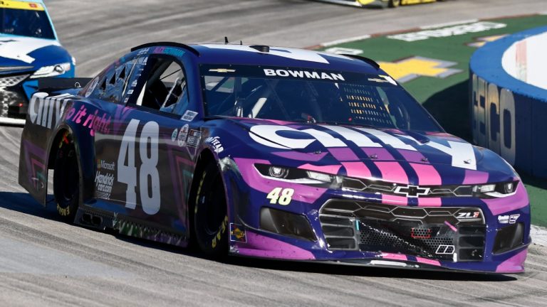 Alex Bowman (48) leads Martin Truex Jr. (19) during a NASCAR Cup Series auto race, Sunday, Oct. 31, 2021, in Martinsville, Va. (Wade Payne/AP)