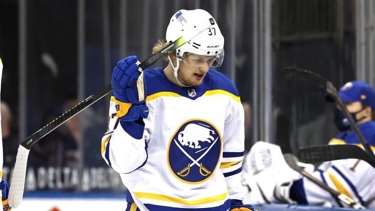 Buffalo Sabres' Casey Mittelstadt (37) reacts after the New York Rangers scored in the first period of an NHL hockey game Sunday, April 25, 2021, in New York. (Bruce Bennett/Pool Photo via AP) 
