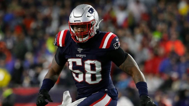 In this Oct. 27, 2019, file photo, New England Patriots outside linebacker Jamie Collins moves in on the action during an NFL football game against the Cleveland Browns,in Foxborough, Mass. (Winslow Townson/AP)