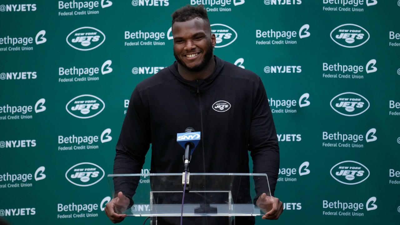 New York Jets' head coach Robert Saleh gives a press conference before an  NFL practice session at Hanbury Manor Marriott Hotel and Country Club near  the town of Ware, in south east